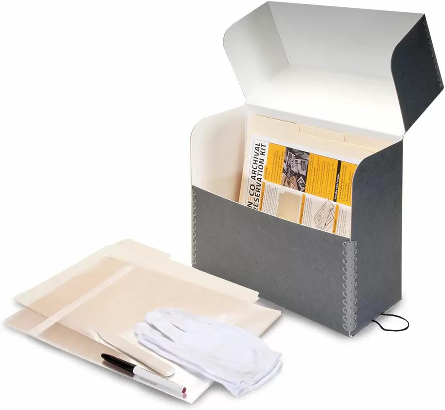 Lineco, Archival Document Case Kit, 12.5 x 10.5 x 5 Inch, Preserve Papers and Artworks, Includes Gloves, Bone Folder, pH Testing Pen, 10 Photo Bags, 12 Acid-Free File Folders, Gray