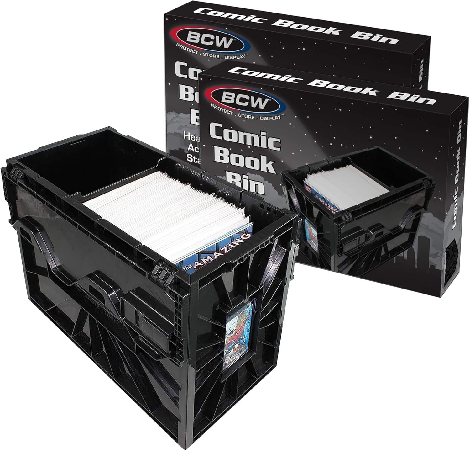 BCW Short Comic Book Bin | Holds 150 Comics | Stackable Plastic Storage | Acid-Free Organizer | Black, 2 Pack | Comic Book Bin