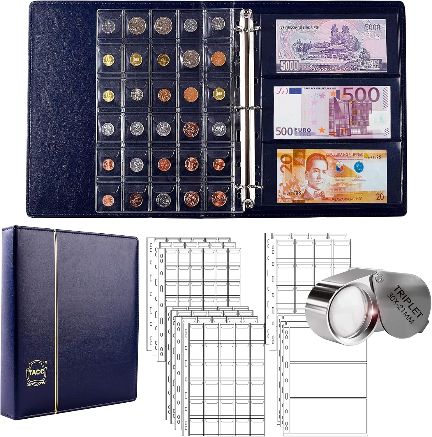 295pcs 2 in 1 Coin Collection Book, Coin Collection Supplies, Coin Holders for Collectors, 3 Size Coin Pockets and 9 Pockets Paper Money Storage Binder Father\'s Day Gift (Blue)