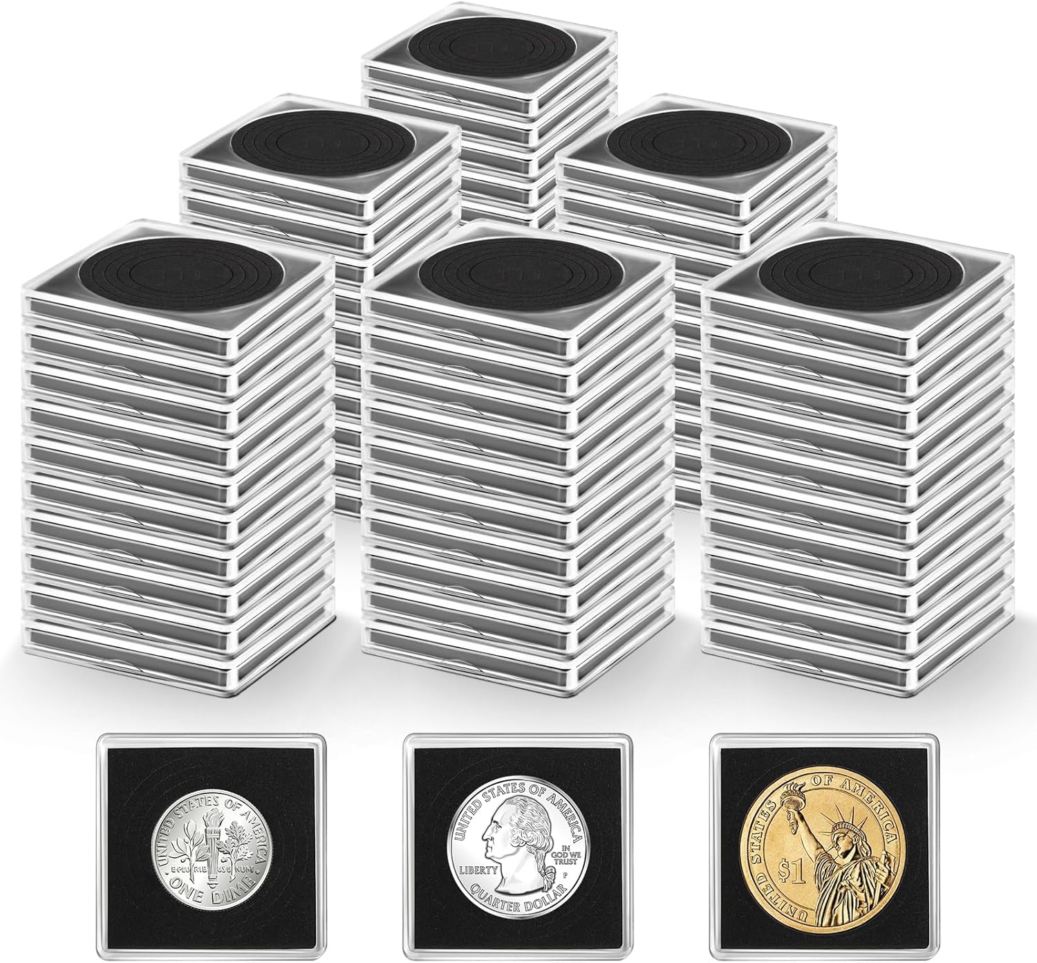 60 PCS Acrylic Coin Collection Cases with Sponges, 5 Sizes Coin Holders for All Coins, 20/25/30/35/40 mm Adjustable Coin Protectors for All Coins for Award Ceremonies, Business Presents