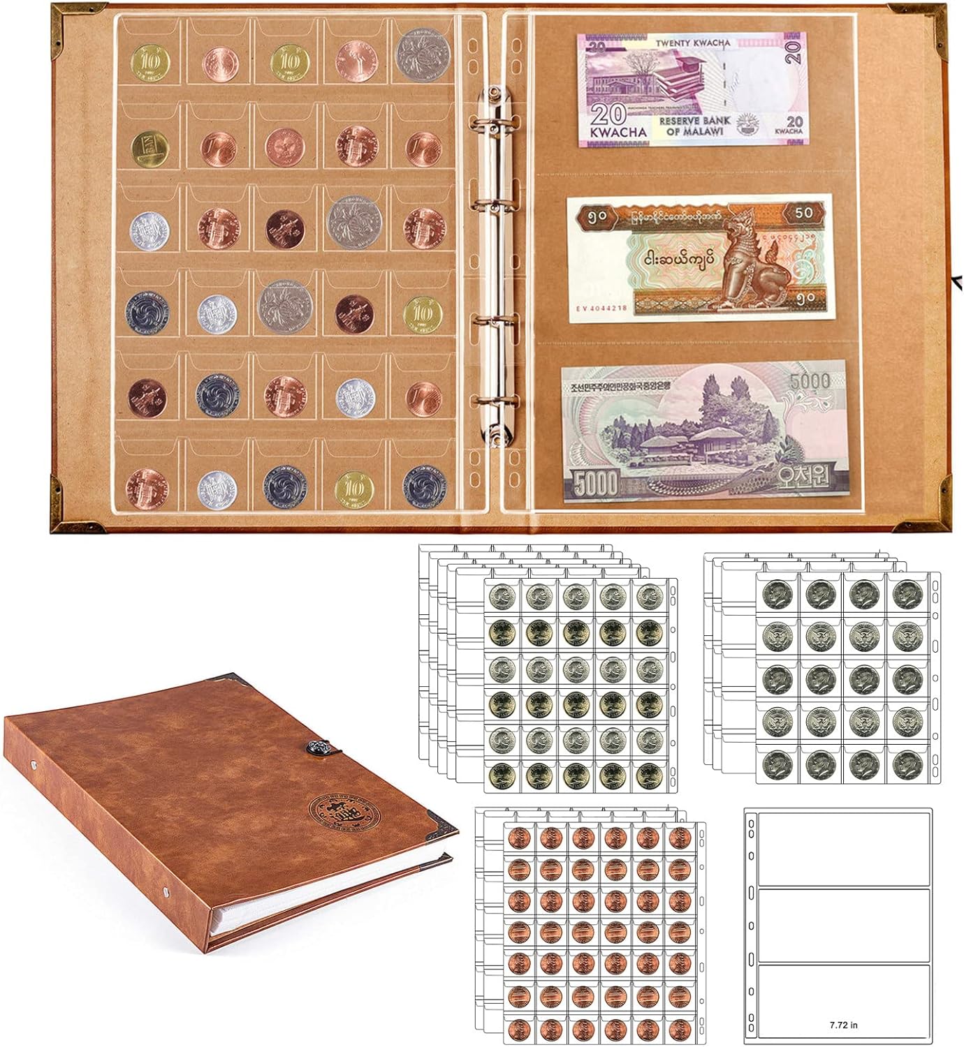 Ettonsun 398-Pocket 4-in-1 Leather Coin & Paper Money Collecting Holder Album,Large Coin Collection Book with 386 Coin Pockets & 12 Currency Pockets,Coin Collection Supplies Book Holder for Collectors