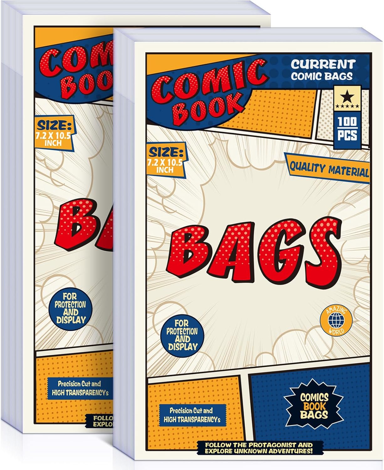 200 Count Comic Book Bags, Current Size Comic Bags 7.2 X 10.5 inch Transparent Acid-Free and Reusable Comic Book Sleeves for Regular Comics
